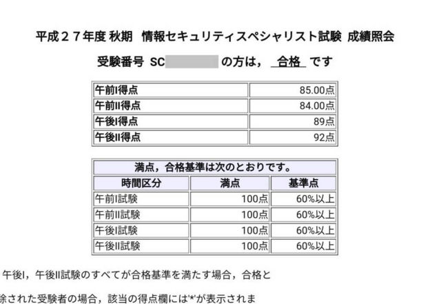 情報セキュリティスペシャリスト試験の合否判定結果